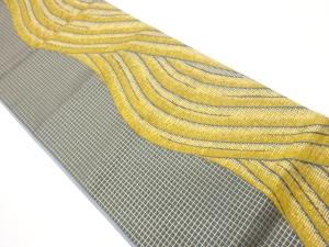 金糸紙布金彩曲線に格子模様織出し袋帯